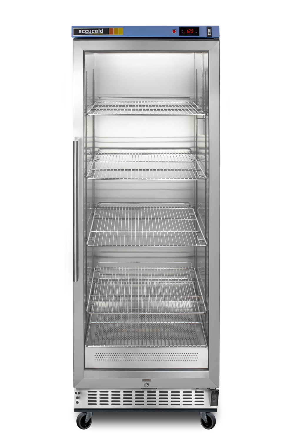 Single chamber passive heating blanket warmer with a self-closing glass door, stainless steel interior, digital thermostat, stainless steel cabinet, and lock